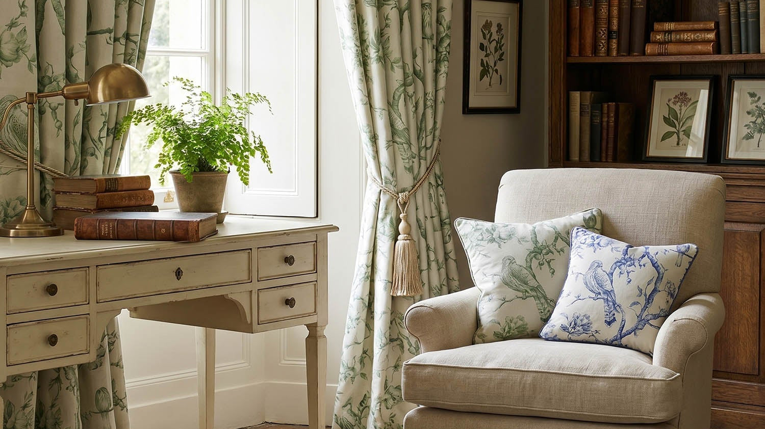 Patterned curtain fabric with floral, leaf, striped and art deco interiors inspiration