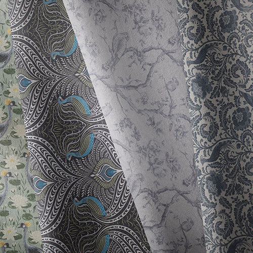 Bird fabric samples featuring patterned curtain and upholstery fabrics in green, blue, and neutral tones