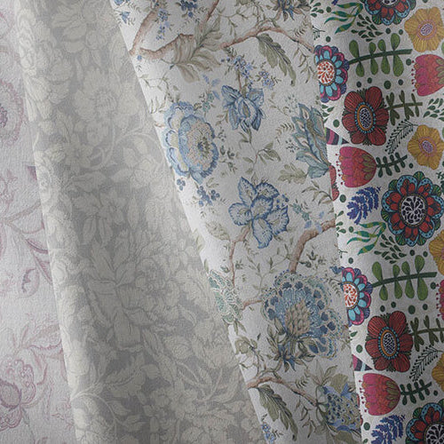 Floral fabric selection with pastel, blue and multicoloured flower prints in cotton and linen blends