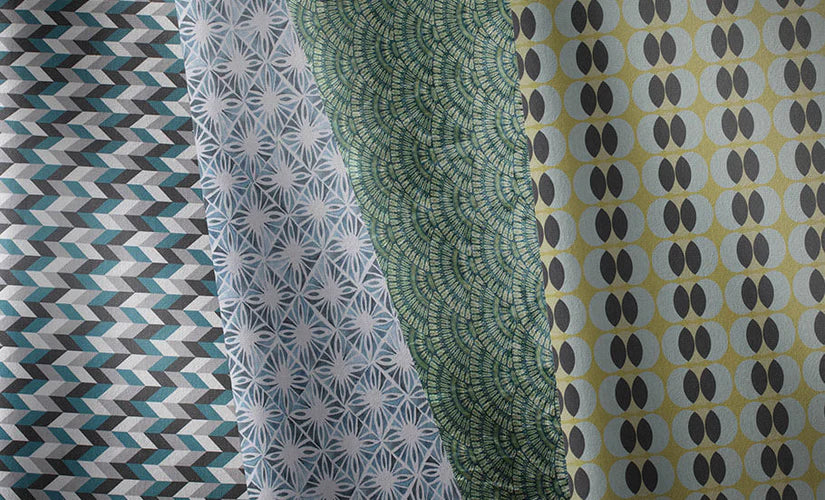Geometric patterned fabrics in bold and modern designs for curtains and upholstery.