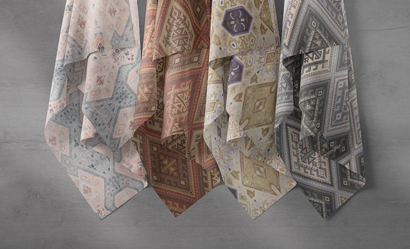 Kilim fabrics with bold tribal and geometric patterns for curtains and upholstery.