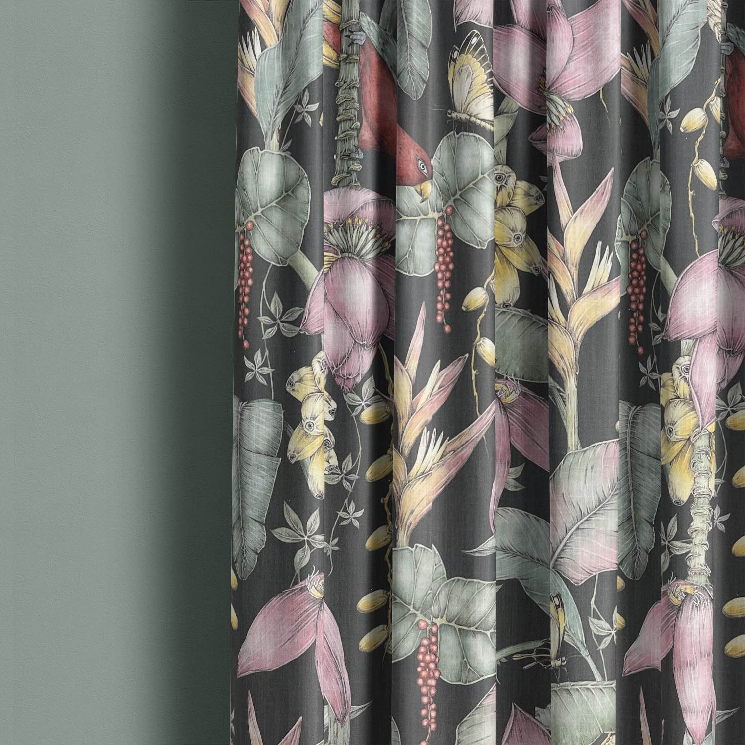 Bird fabric curtains with tropical floral patterns styled in a modern living space