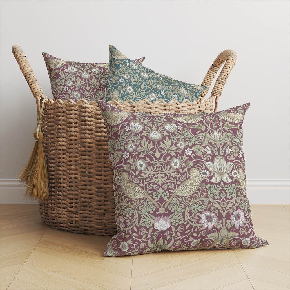 Arts and Crafts fabrics with William Morris-style floral and botanical patterns.