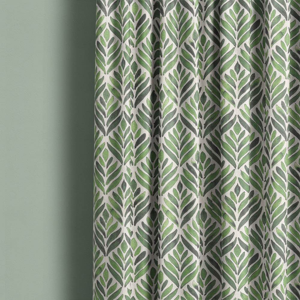 A range of sage, emerald, and olive green curtain fabrics, ideal for classic and modern interiors