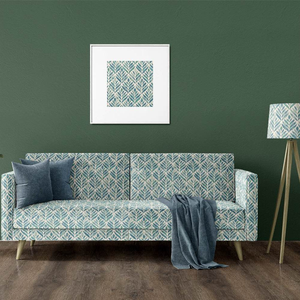 Green patterned sofa upholstered in linen blend upholstery fabric by The Millshop Online