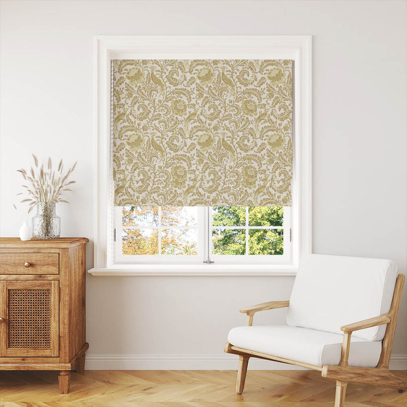 The Acanthus Linen Curtain Fabric in straw color adds a touch of elegance to any room