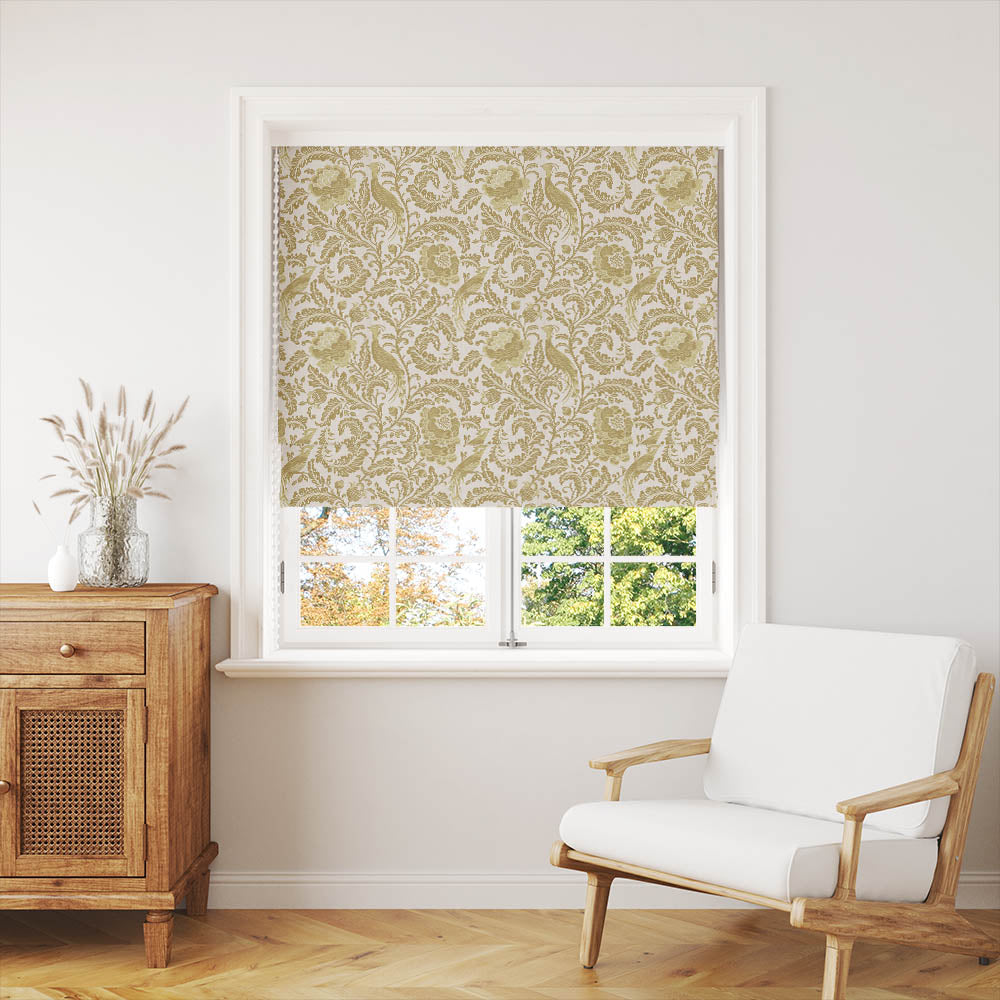 The Acanthus Linen Curtain Fabric in straw color adds a touch of elegance to any room