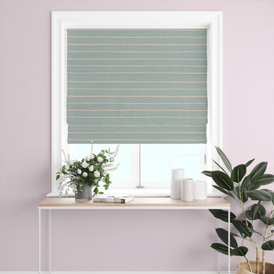 Elegant duck egg striped curtain fabric with a smooth, high-quality linen finish.