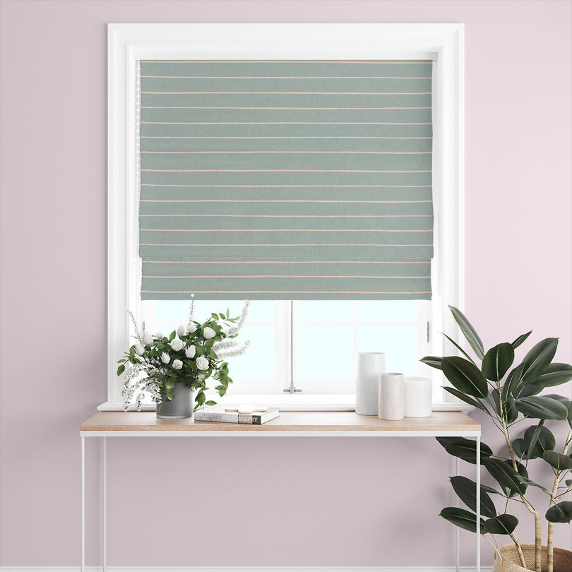 Elegant duck egg striped curtain fabric with a smooth, high-quality linen finish.