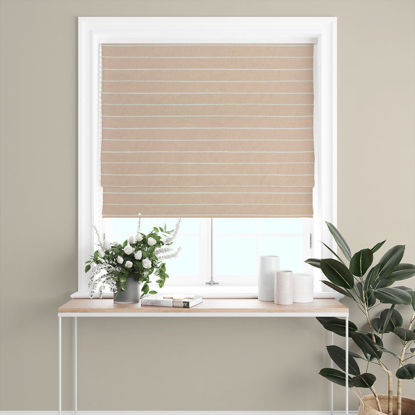 Elegant neutral striped curtain fabric with subtle textural depth.
