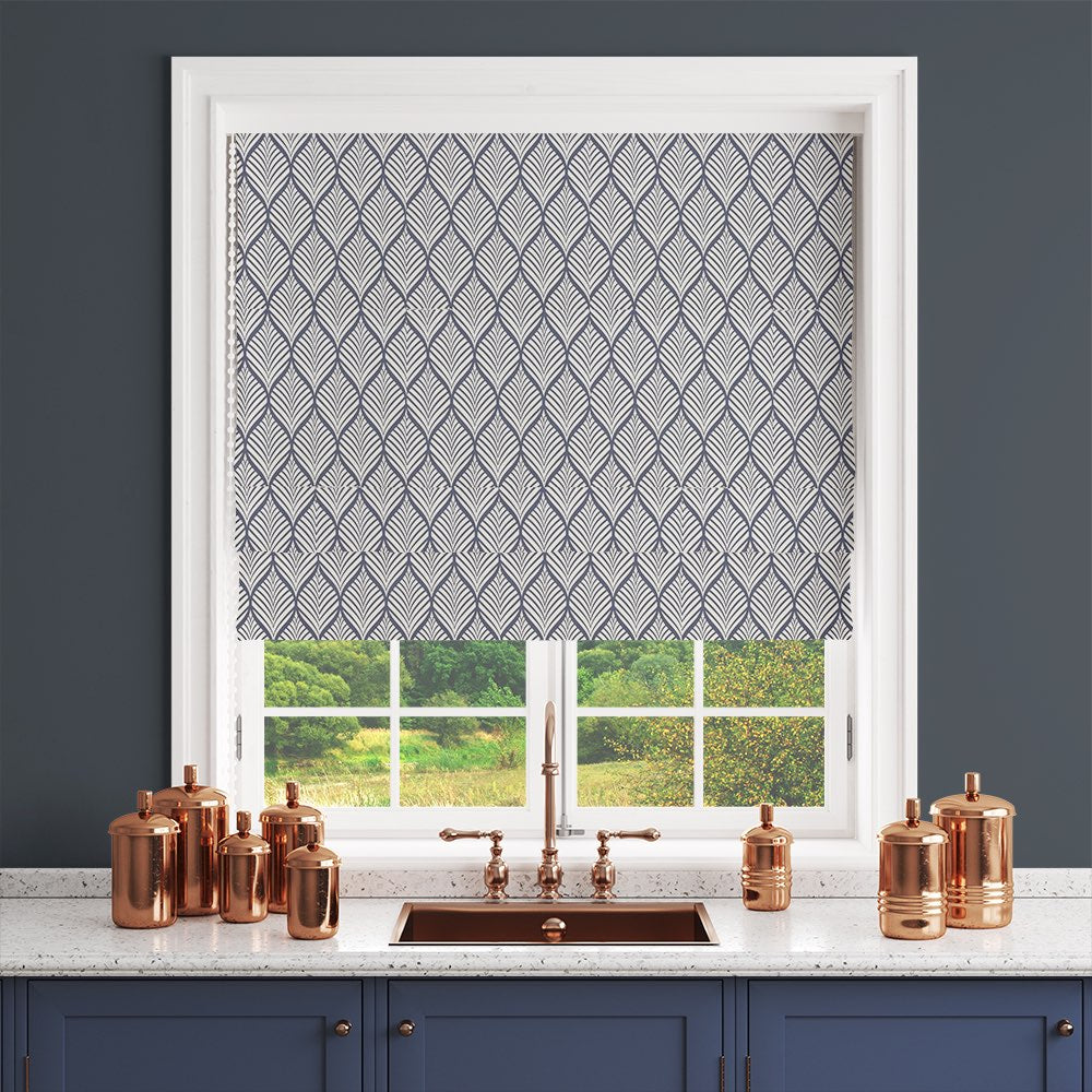 Adwick Velvet Fabric Navy White as roller blind – botanical velvet curtain fabric