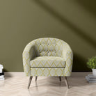 Adwick Velvet Fabric Ochre White on chair – leaf patterned chair fabric