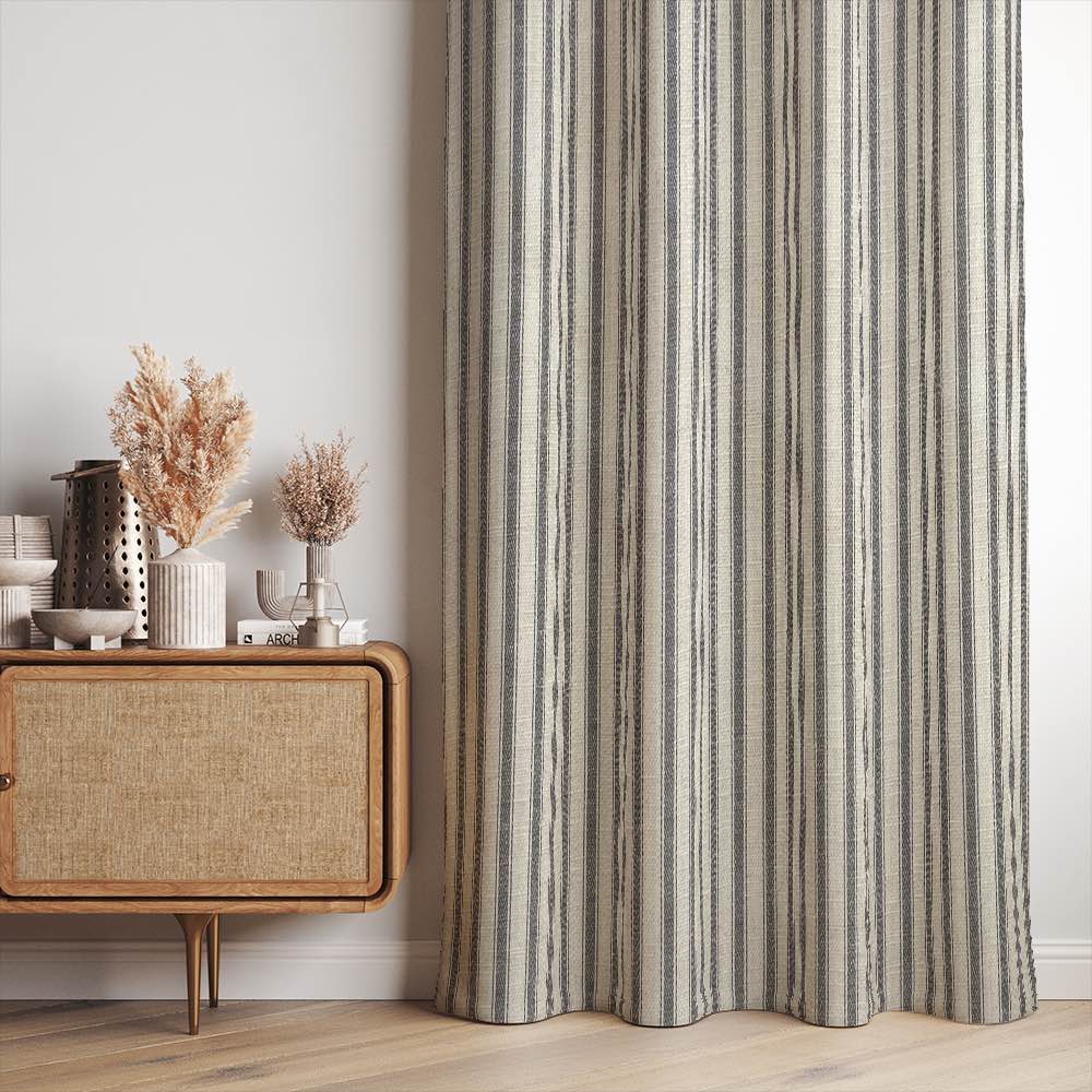 Albany Stripe Fabric in blue, grey, and white, perfect for adding a classic touch to your home decor and upholstery projects