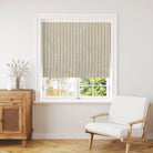 Close up of elegant Albany Stripe Fabric in versatile blue and white color scheme for interior design projects
