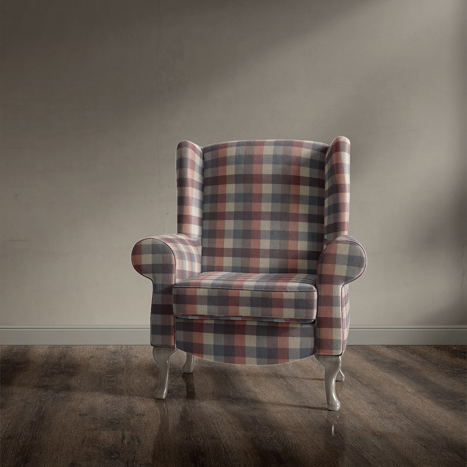 Armchair upholstered in Alder Plaid Airforce Blue checked fabric