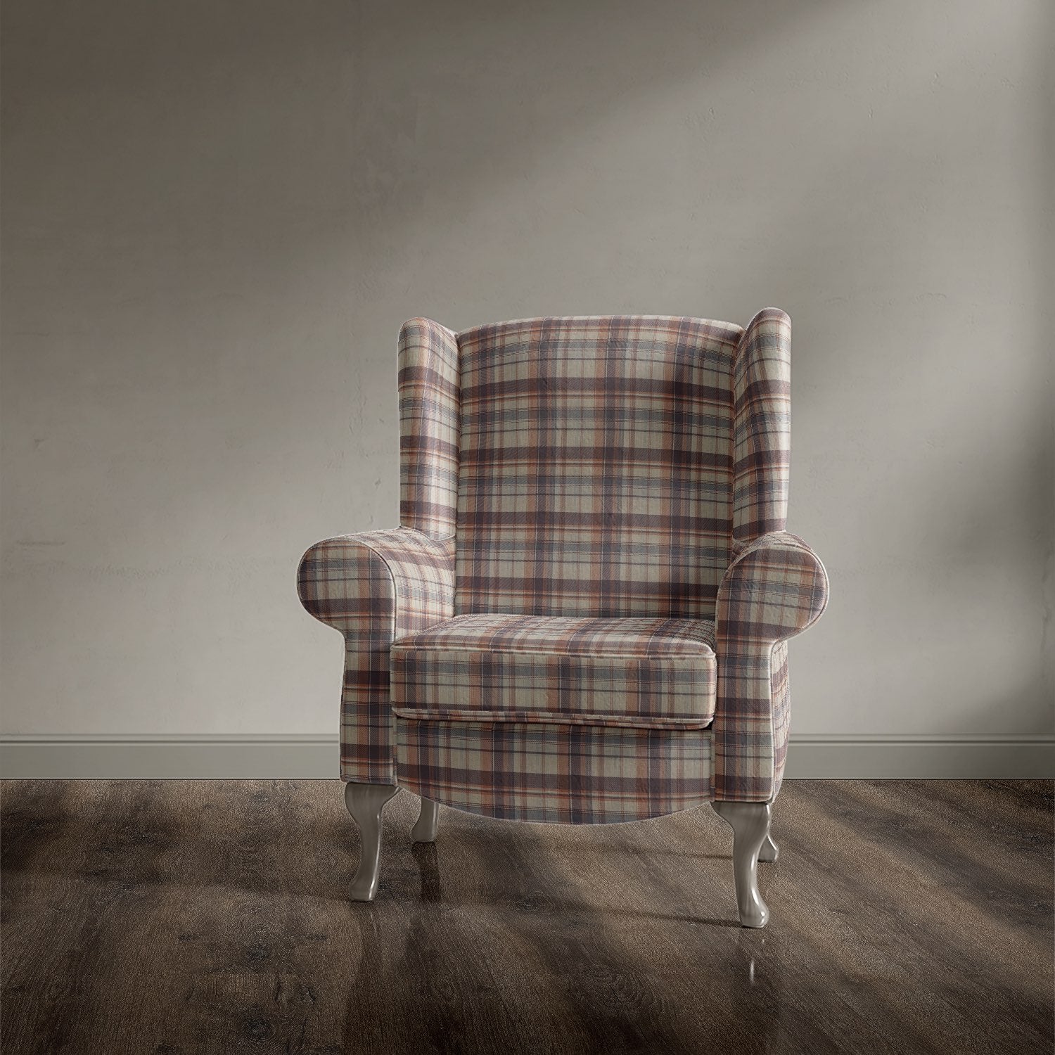Accent chair covered in Alder Plaid Clementine checked upholstery fabric