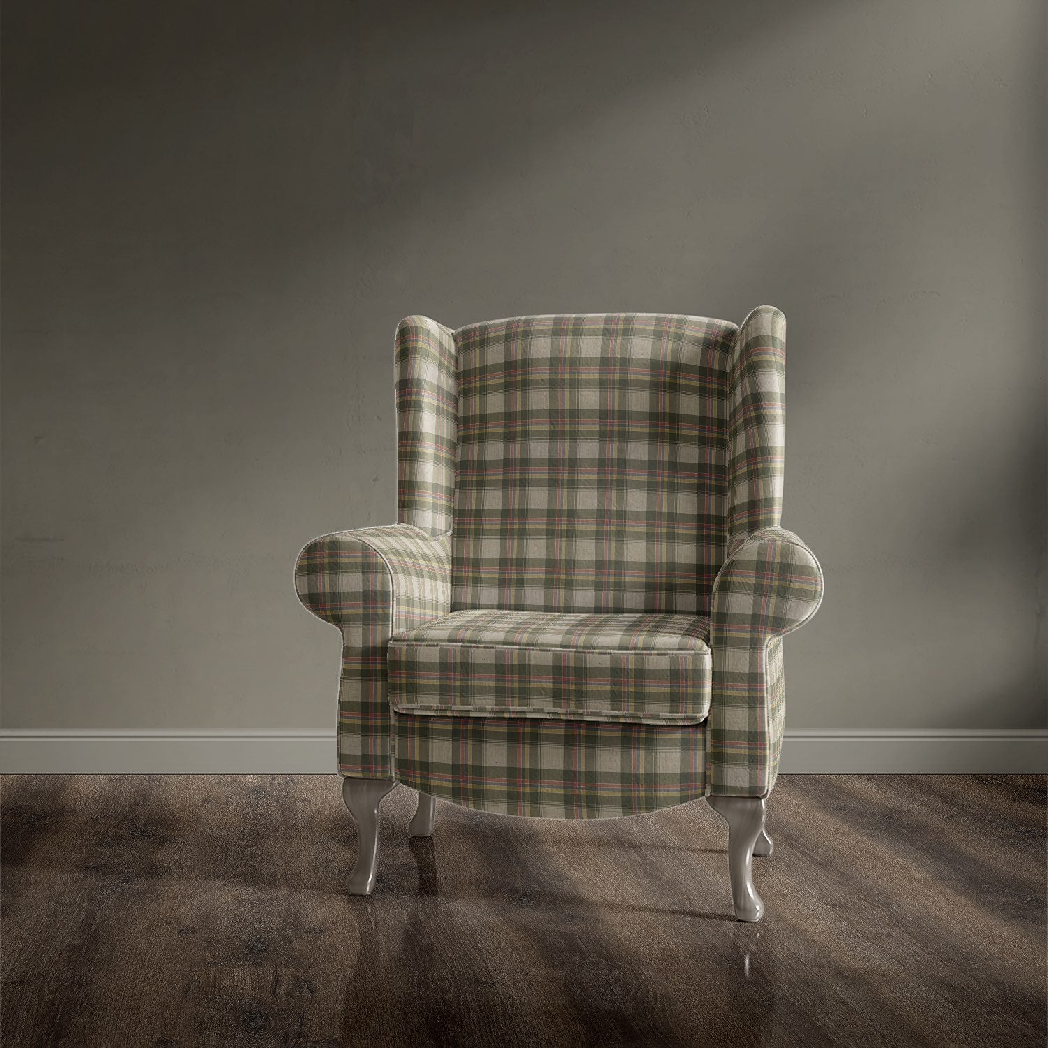 Traditional armchair upholstered in Alder Plaid Green check fabric