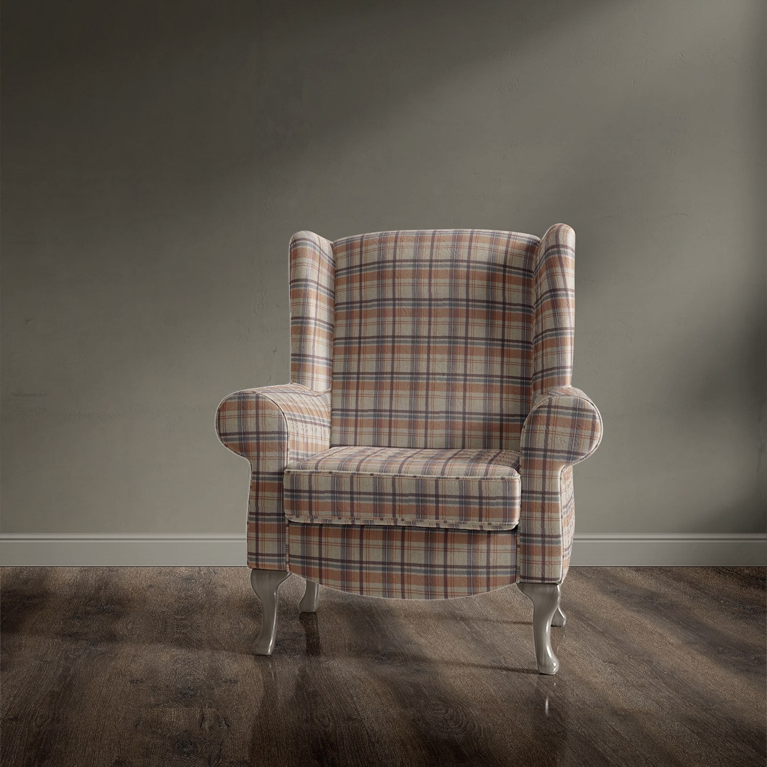Upholstered armchair in Alder Plaid Orange checked fabric