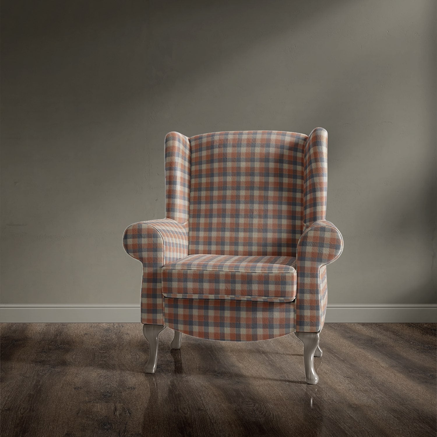 Fabric armchair in Alder Plaid Tangerine checked upholstery