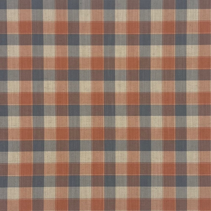 Flat swatch of Alder Plaid Upholstery Fabric in Tangerine with warm check weave