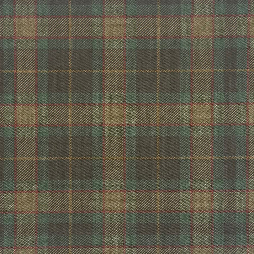 Close-up flat image of Alford Plaid green upholstery fabric showing traditional woven check pattern