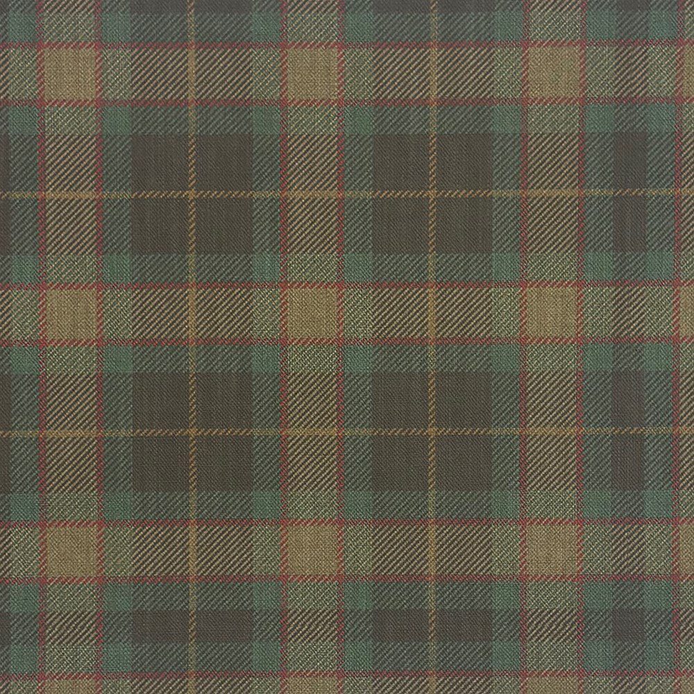 Close-up flat image of Alford Plaid green upholstery fabric showing traditional woven check pattern