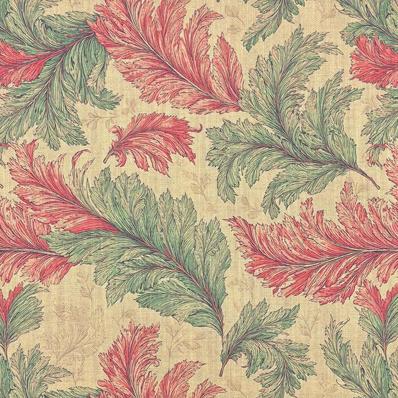 Flat image of Alston Leaf Curtain Fabric in pink and green on natural linen