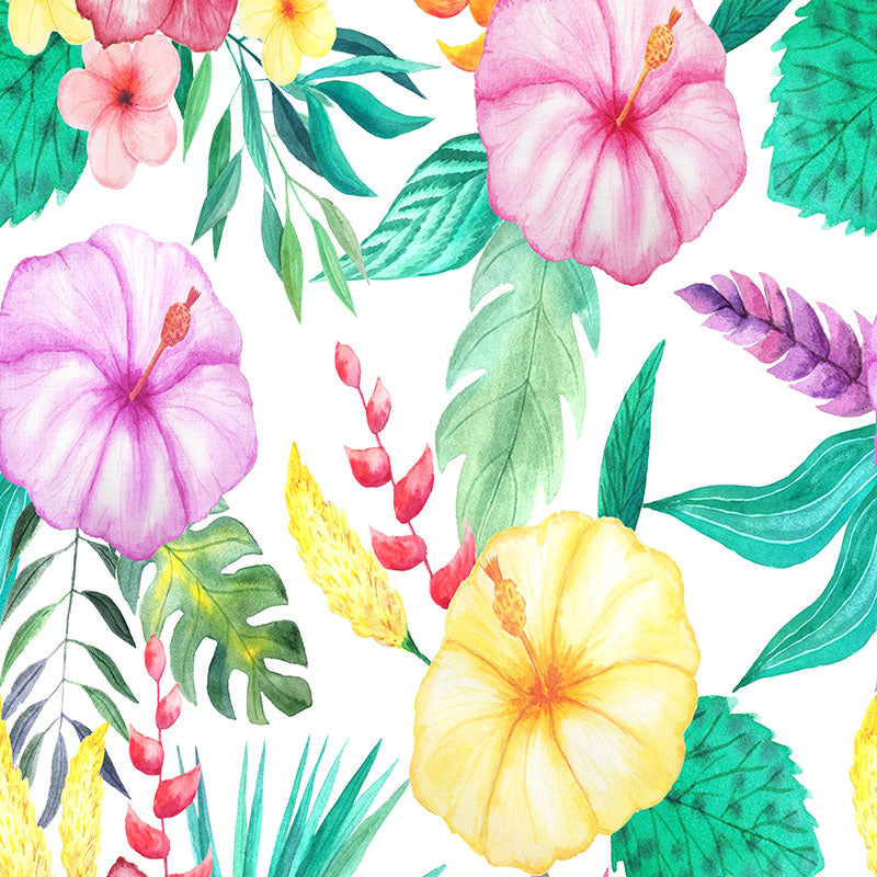 Amaranta green floral velvet fabric with pink, purple and yellow tropical flowers on a light ground