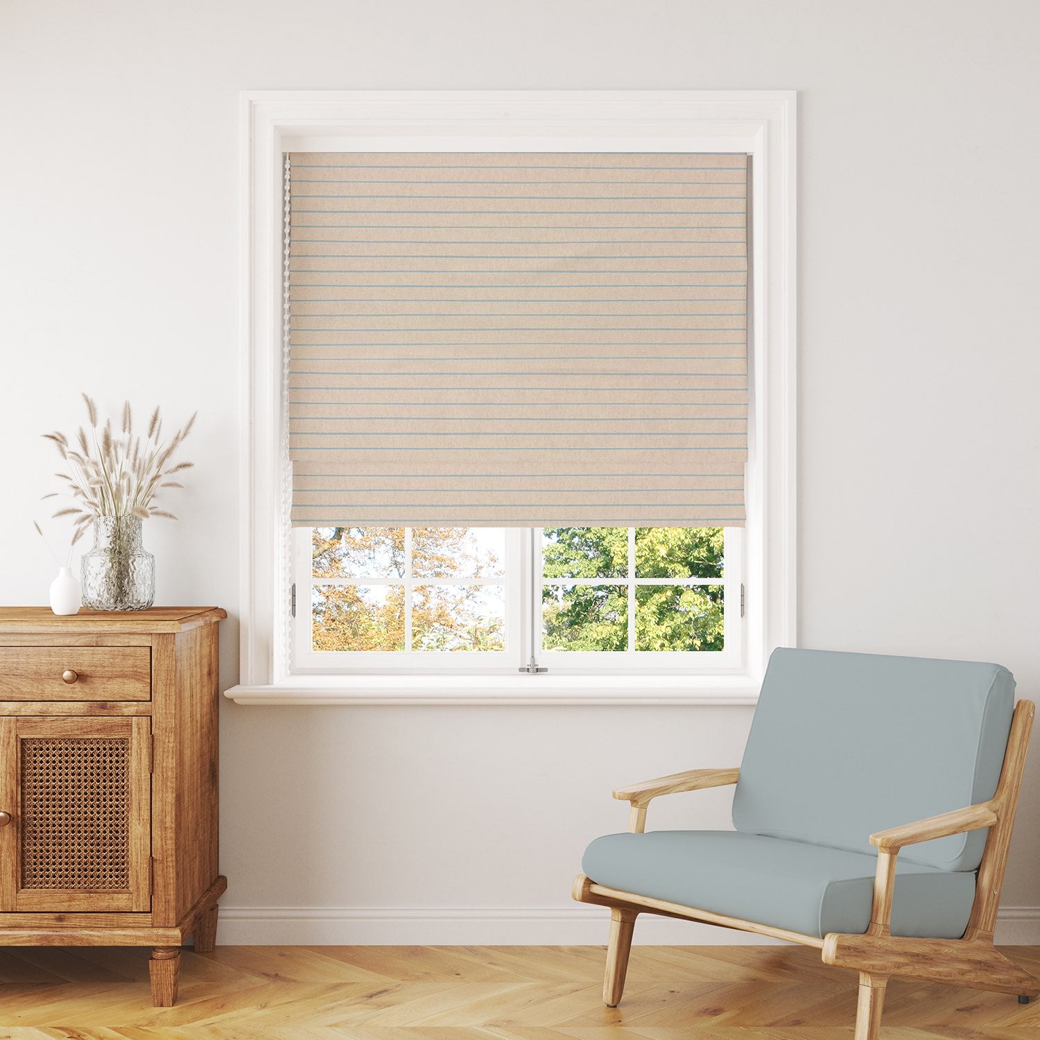 Anfo Baby Blue striped curtain fabric with delicate blue stripes on a neutral base, ideal for classic and contemporary interiors.