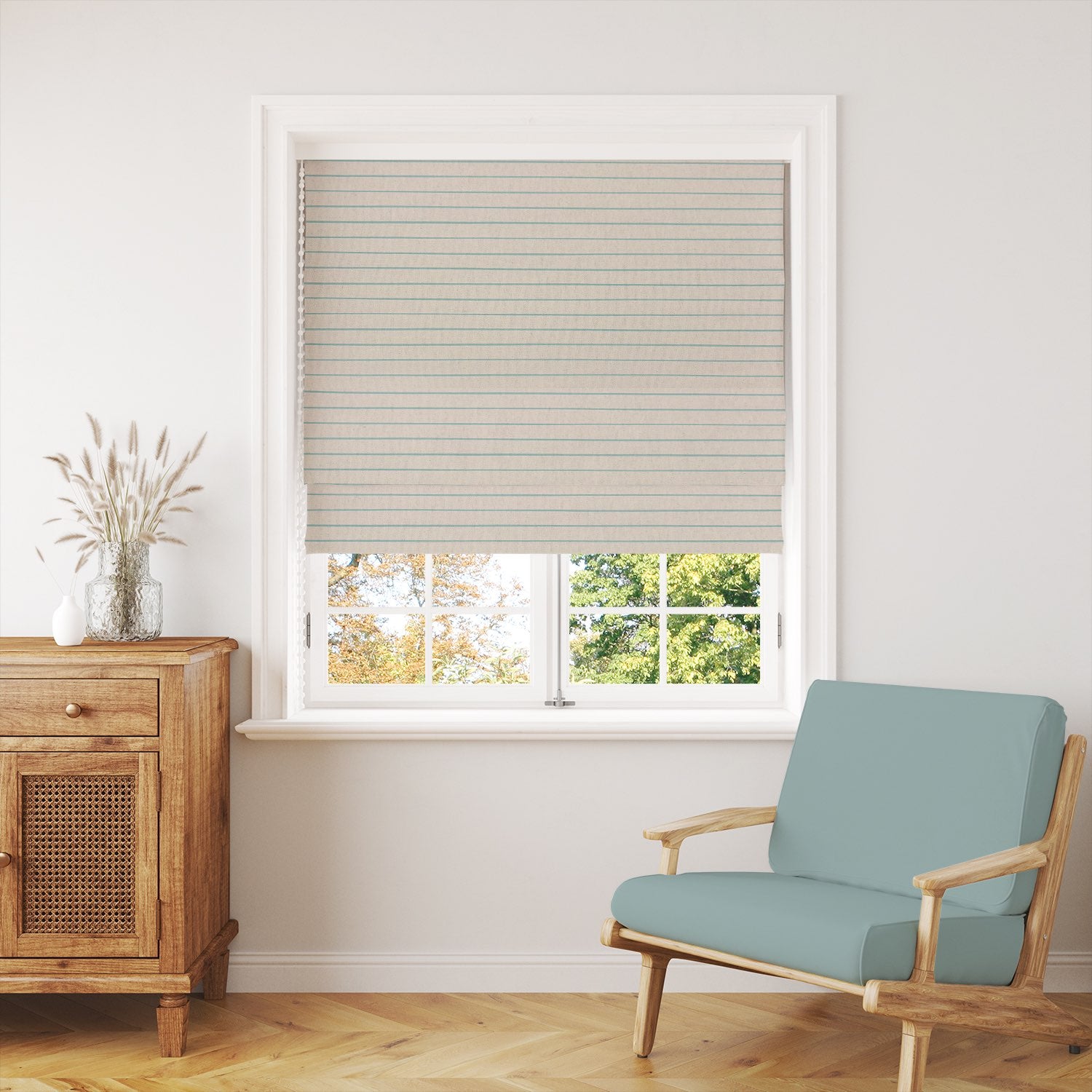 Draped Anfo Duck Egg striped curtain fabric, showcasing its lightweight flow and sophisticated striped pattern.