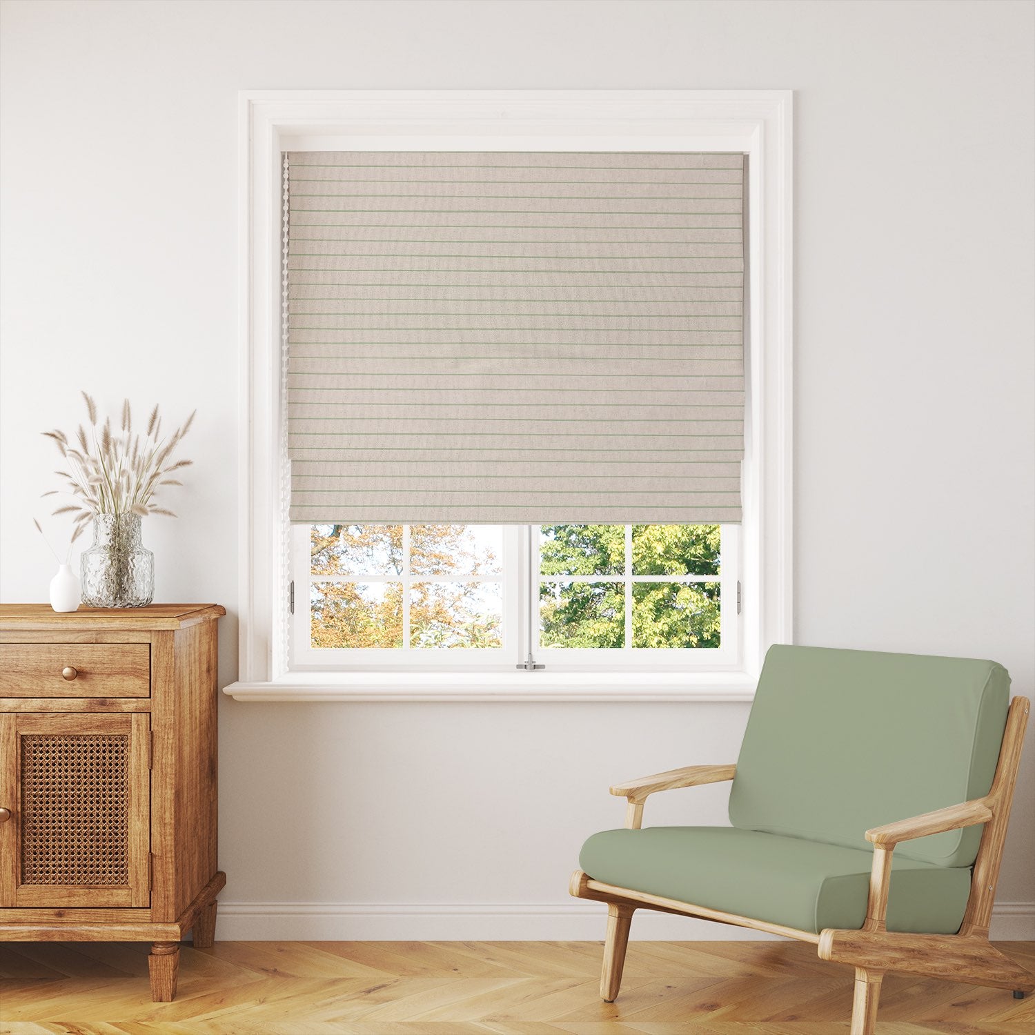 Draped Anfo Lemongrass striped curtain fabric, highlighting its lightweight construction and sophisticated pattern.