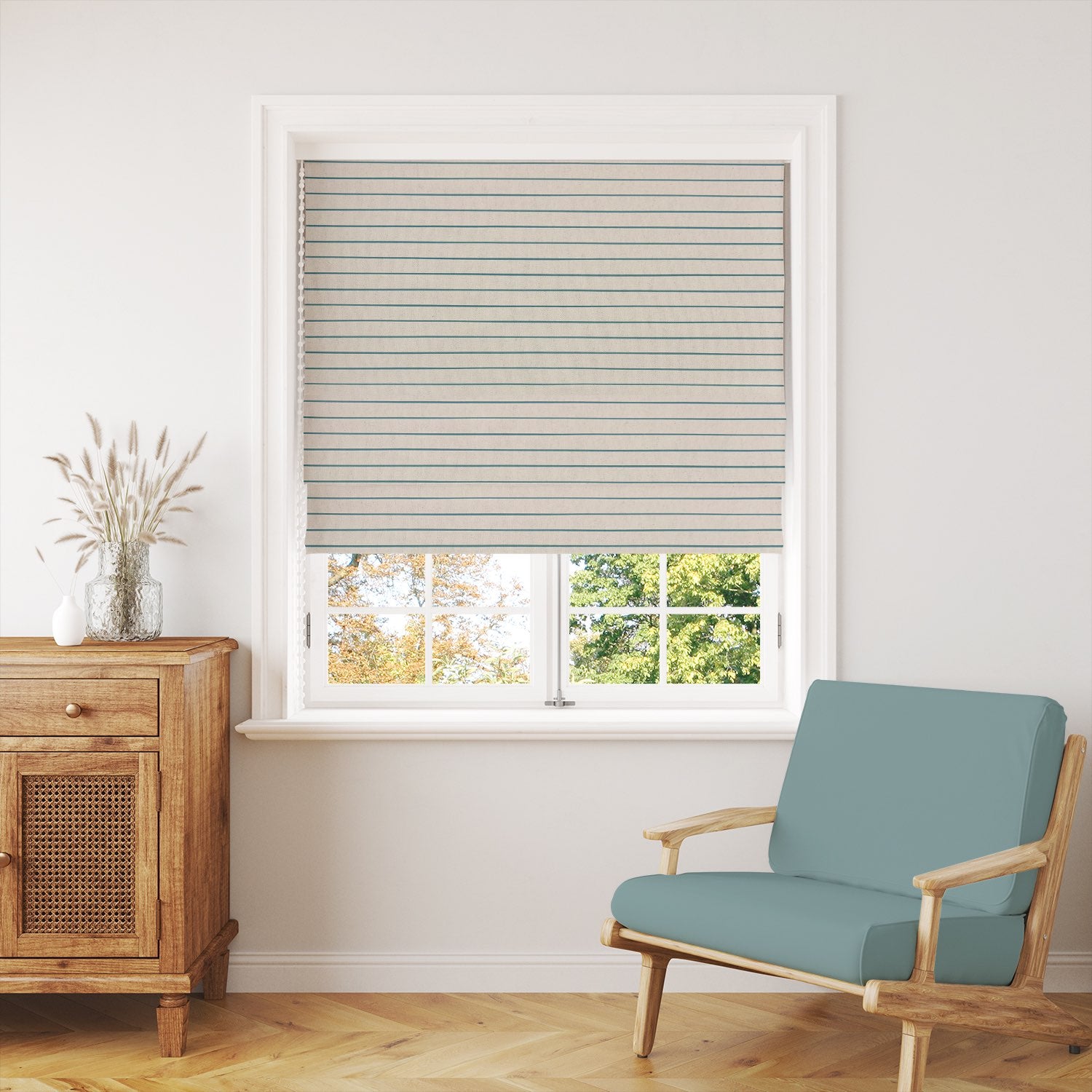 Draped Anfo Teal striped curtain fabric, showcasing its smooth texture and elegant teal stripe design.
