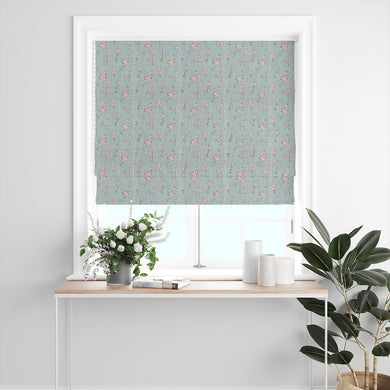 Apple Blossom Duck Egg linen curtain fabric made into a Roman blind in a white window setting