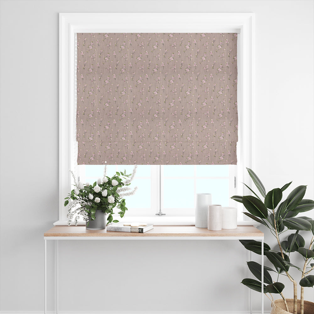 Apple Blossom Natural linen curtain fabric styled as a Roman blind with soft drape and botanical charm