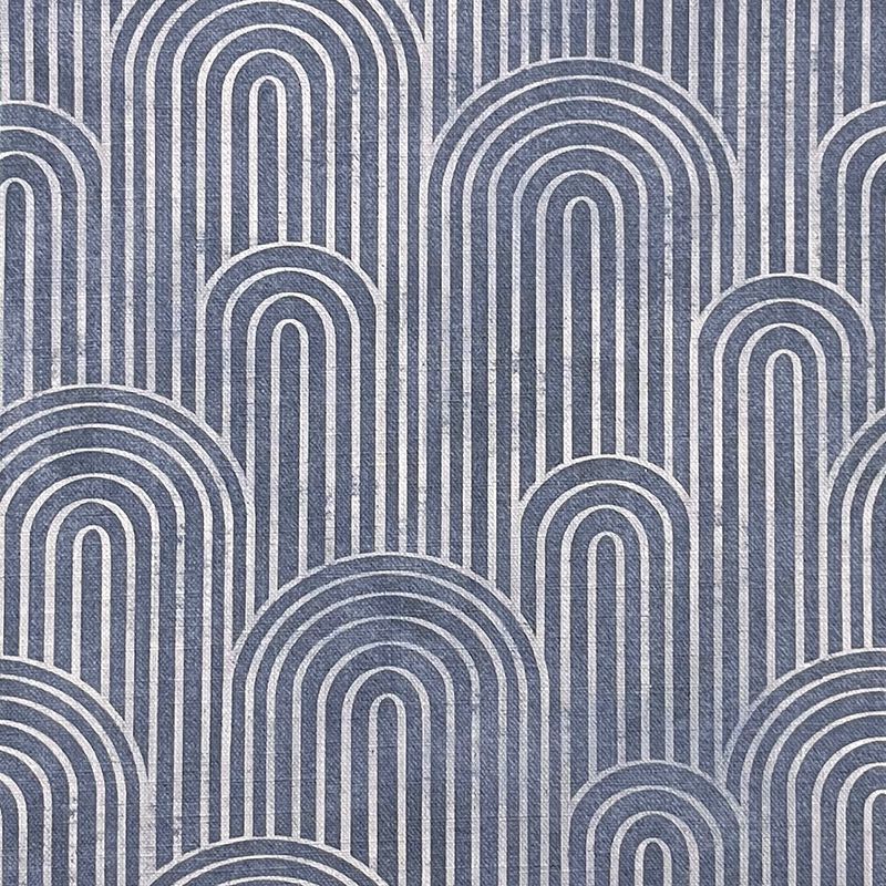 Archway blue velvet upholstery fabric featuring graphic arch pattern