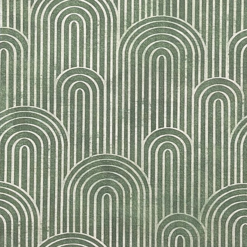 Archway bottle green velvet upholstery fabric with Art Deco stripe arches