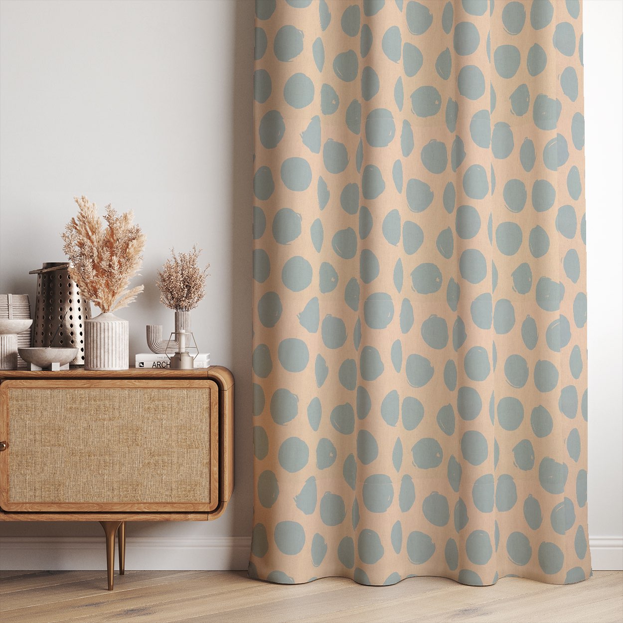 Arno Spot Baby Blue fabric featuring a playful dot design, great for curtains and soft furnishings.