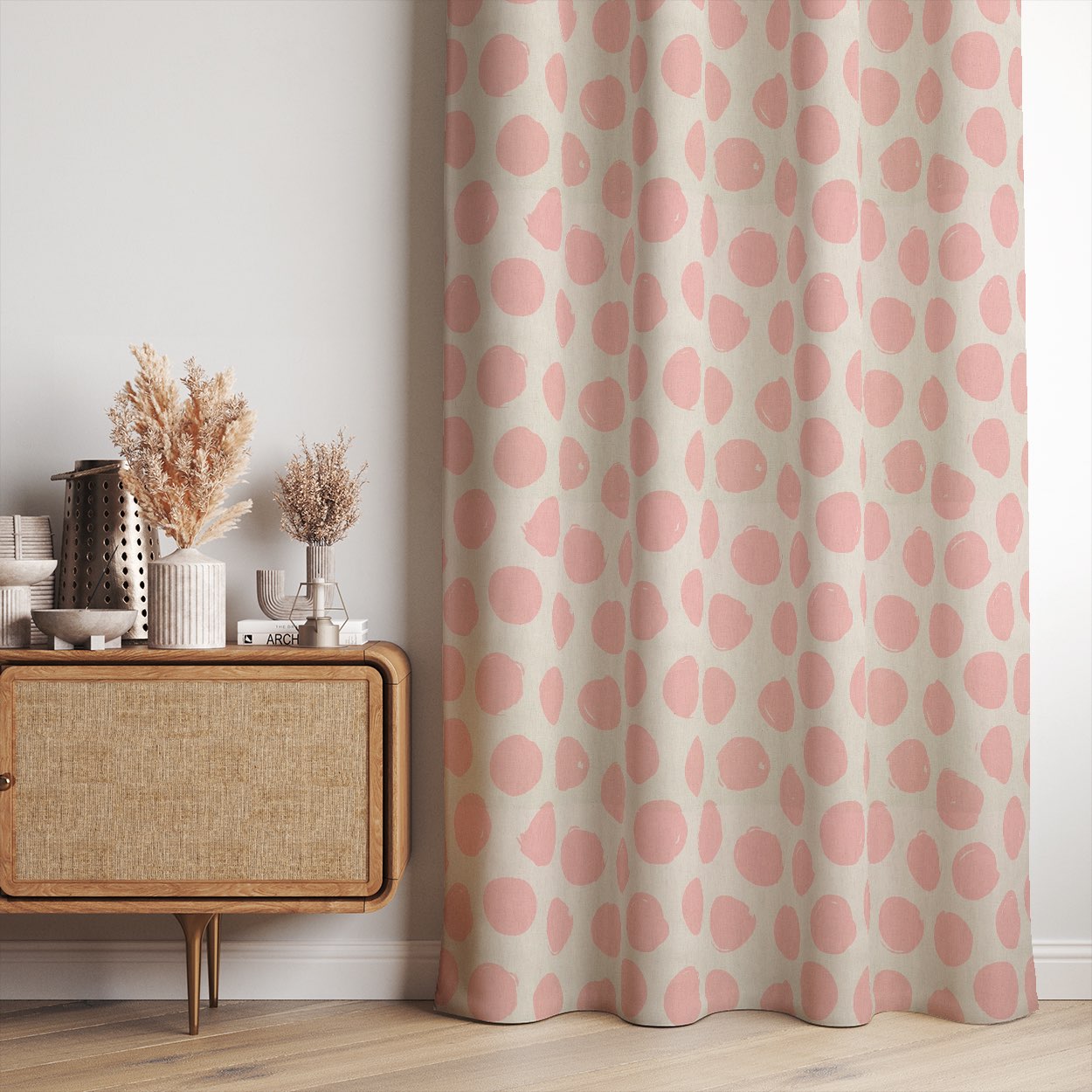Arno Spot Blush fabric, a versatile pink curtain fabric with a chic polka dot design.