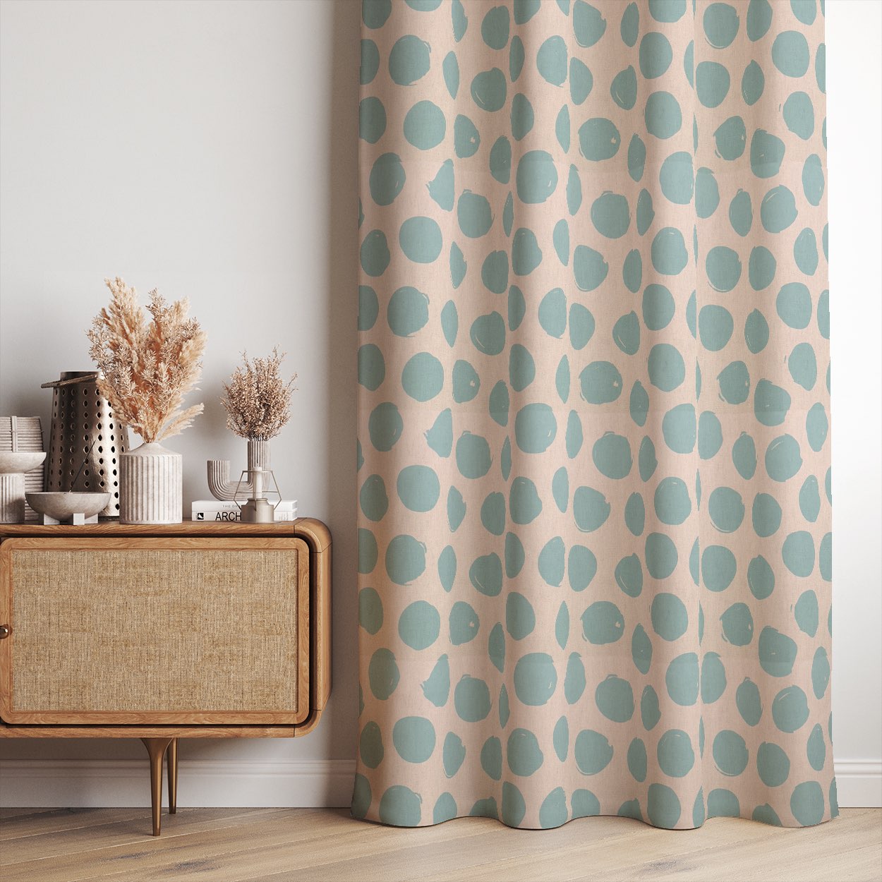 Arno Spot Duck Egg fabric, a printed curtain fabric with a timeless polka dot design.