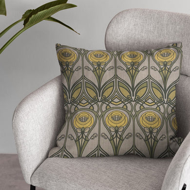 Arundel Ochre Linen Curtain Fabric Cushion – stylised floral design