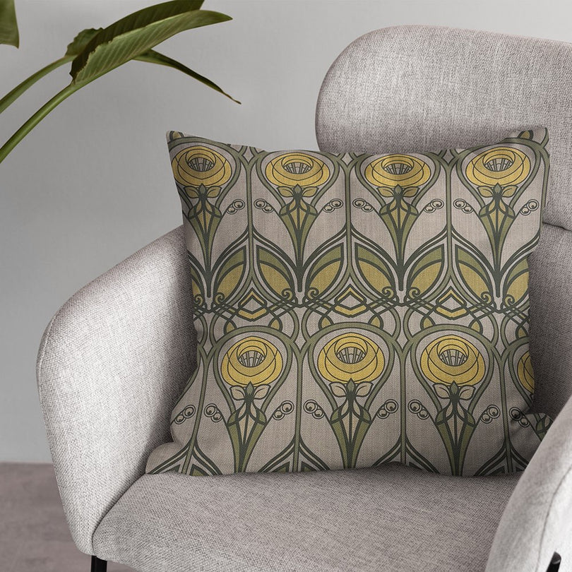 Arundel Ochre Linen Curtain Fabric Cushion – stylised floral design