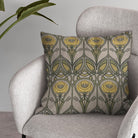 Arundel Ochre Linen Curtain Fabric Cushion – stylised floral design