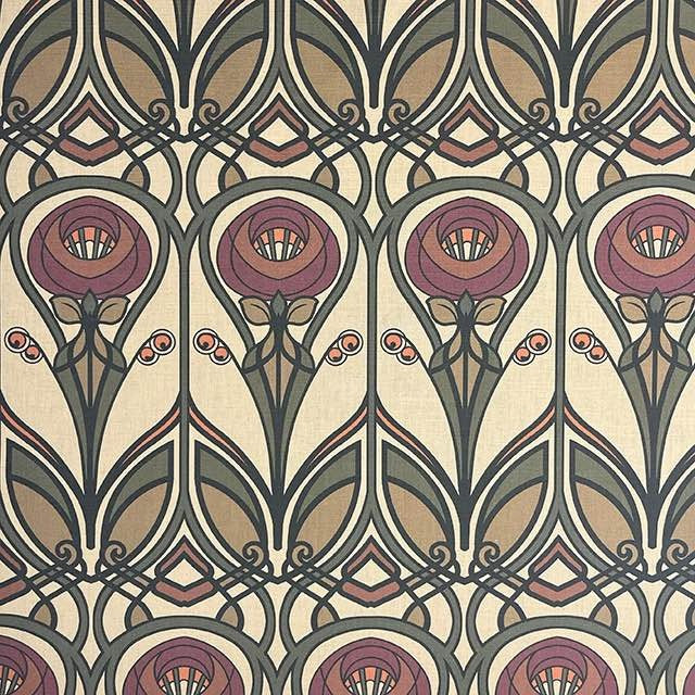 Arundel Teastain Linen Curtain Fabric Flat – Art Nouveau floral motif on linen
