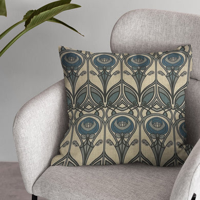 Arundel Teal Linen Curtain Fabric Cushion – bold floral motif design