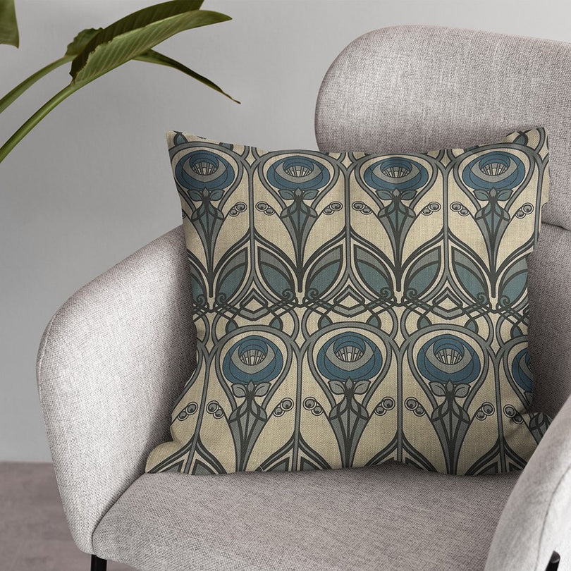 Arundel Teal Linen Curtain Fabric Cushion – bold floral motif design