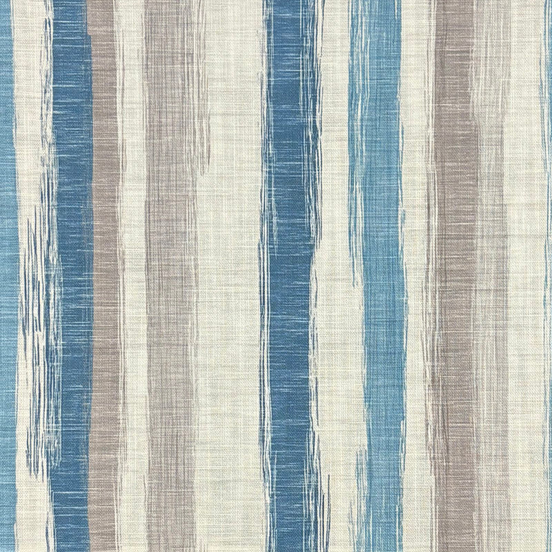 Close-up of Austin Stripe Blue linen curtain fabric with painterly stripe texture