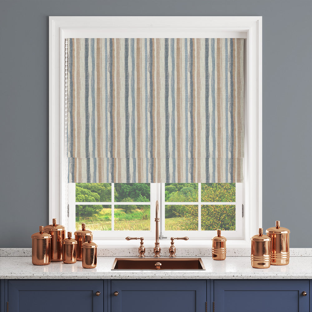 Blue striped linen curtain fabric used for Roman blind in kitchen setting