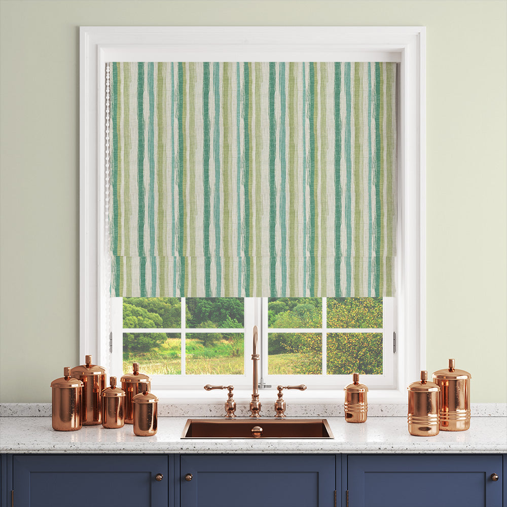Green striped linen curtain fabric styled in a modern kitchen blind