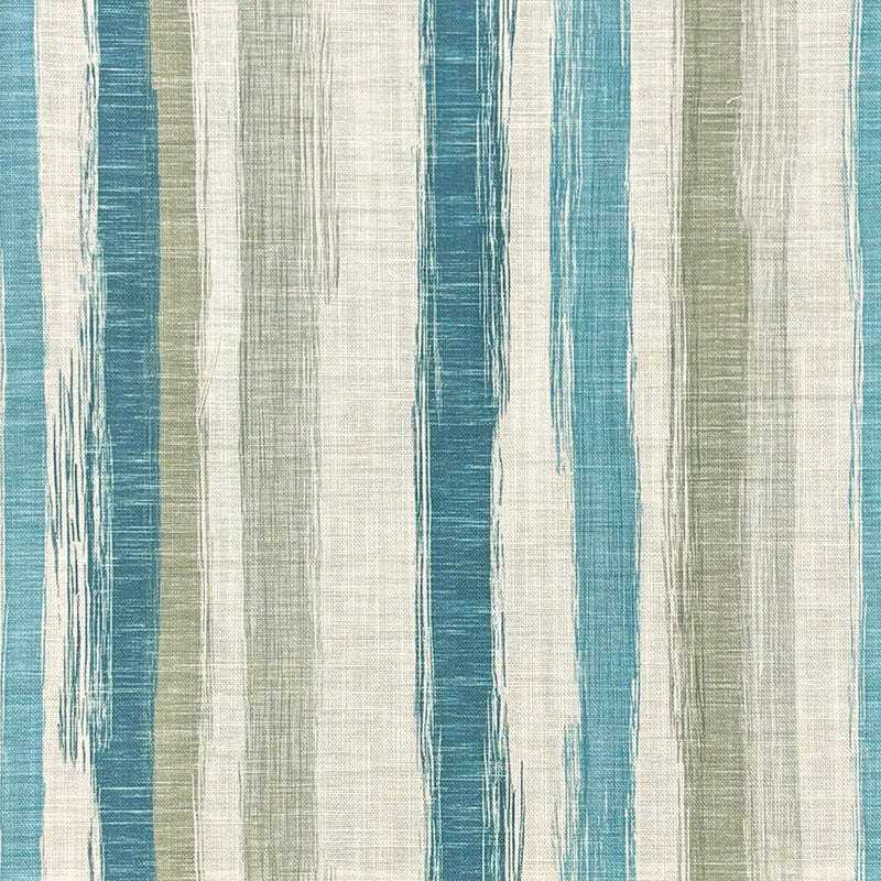 Painterly stripe curtain fabric in teal and green tones on natural linen base