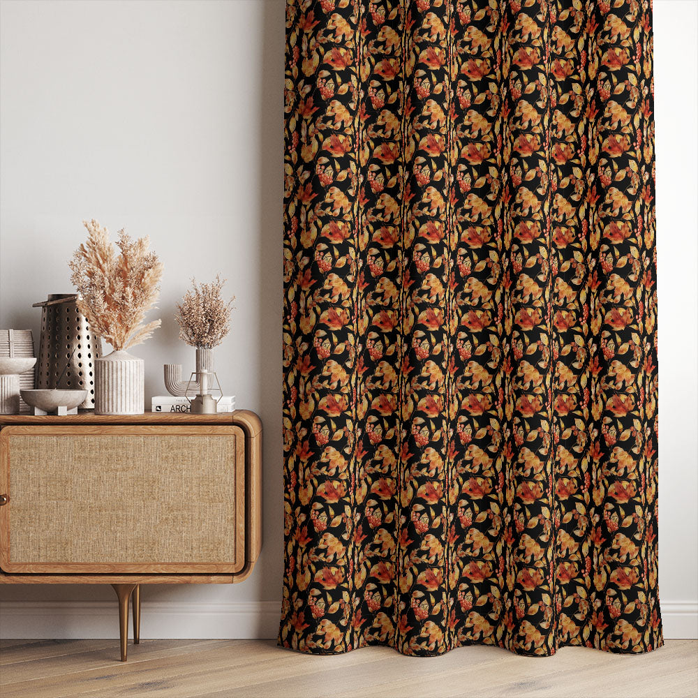 Autumn Leaf Black polyester curtains featuring a bold autumn foliage print in a statement window setting